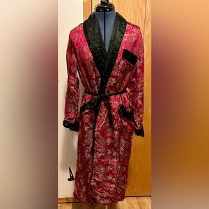 Elegant Red Satin Robe with Black Trim